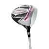 LADIES LEFT HAND MAGENTA/PINK POWERBILT ALL GRAPHITE COMPLETE GOLF CLUB SET w/DRIVER + HYBRID + BAG + PUTTER + 3 HEAD COVERS: REGULAR LENGTH